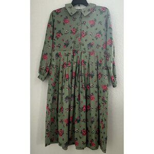 Vtg Hartstrings Girl's Dress Sz. 14 Green Floral Collared Cottagecore Modest 90s